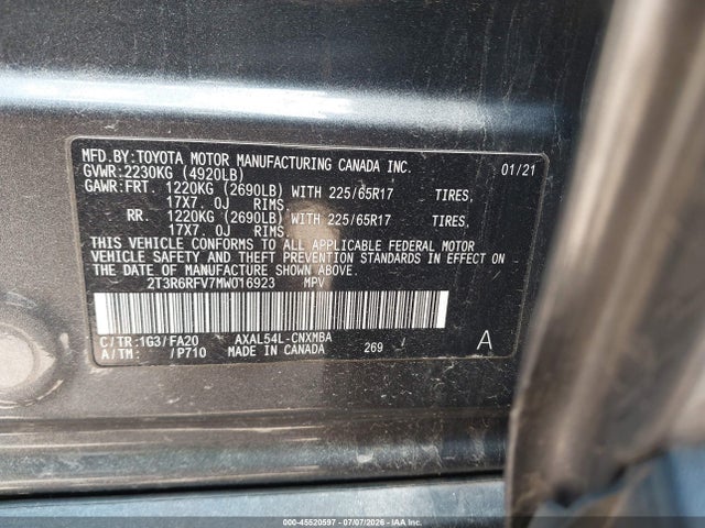 2021 Toyota Rav4 Xle Hybrid მანქანა იყიდება აუქციონზე, vin: 2T3R6RFV7MW016923, აუქციონის ნომერი: 45520597
