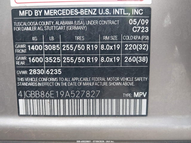 Aukcja sprzedaży 2009 Mercedes-benz Ml 350 4matic, vin: 4JGBB86E19A527827, numer aukcji: 45520601