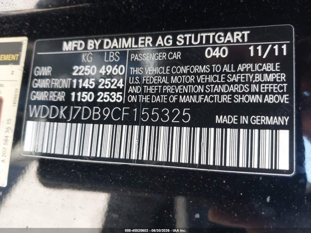 Aukcja sprzedaży 2012 Mercedes-benz E 550, vin: WDDKJ7DB9CF155325, numer aukcji: 45520602