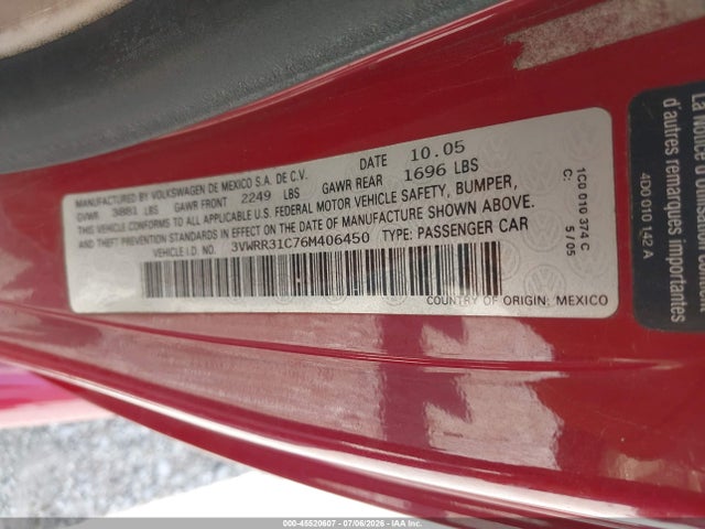 45520607 :رقم المزاد ، 3VWRR31C76M406450 vin ، 2006 Volkswagen New Beetle Tdi مزاد بيع