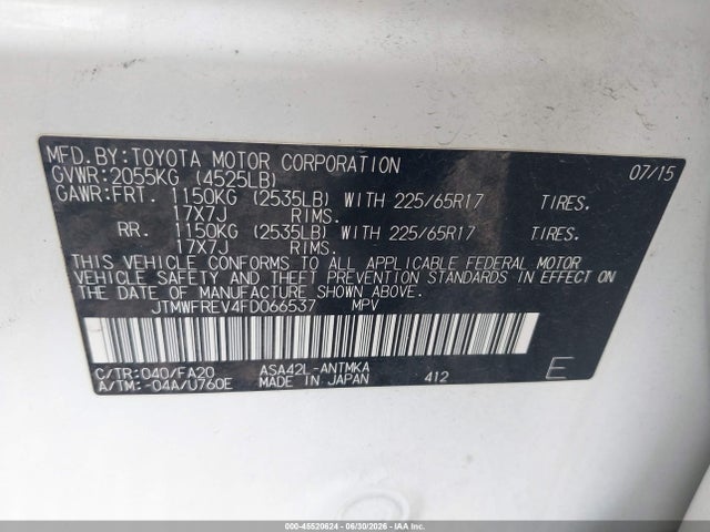 Продажа на аукционе авто 2015 Toyota Rav4 Xle, vin: JTMWFREV4FD066537, номер лота: 45520624
