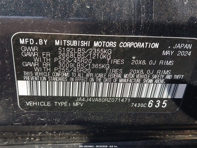 45520641 :رقم المزاد ، JA4J4VA80RZ071471 vin ، 2024 Mitsubishi Outlander مزاد بيع