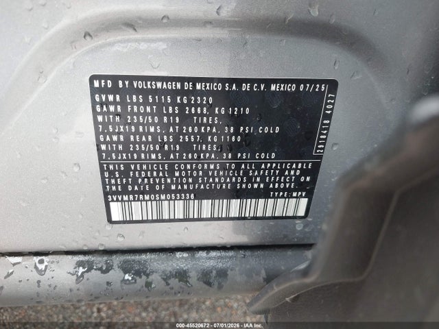 45520672 :رقم المزاد ، 3VVMR7RM0SM053336 vin ، 2025 Volkswagen Tiguan 2.0t Se مزاد بيع