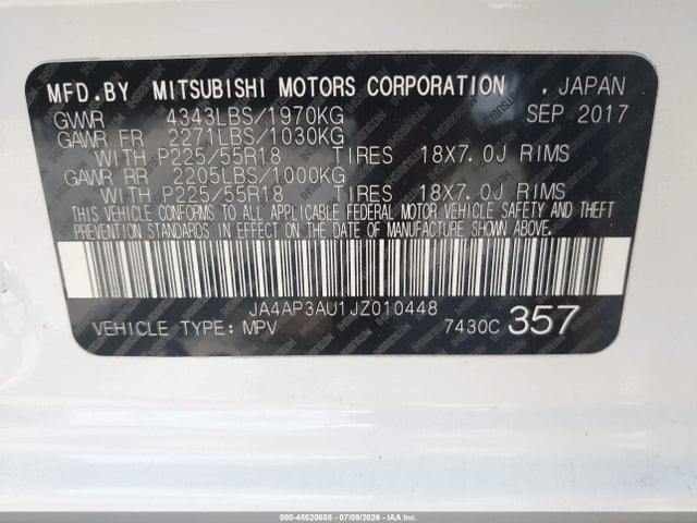 2018 Mitsubishi Outlander Sport 2.0 Es მანქანა იყიდება აუქციონზე, vin: JA4AP3AU1JZ010448, აუქციონის ნომერი: 45520688