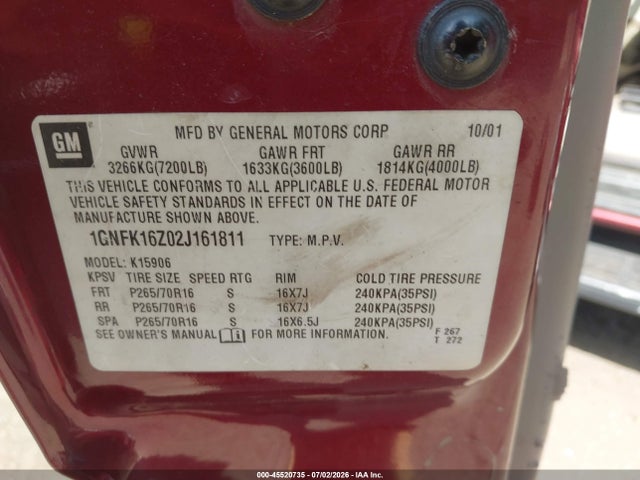 Auction sale of the 2002 Chevrolet Suburban 1500 Lt, vin: 1GNFK16Z02J161811, lot number: 45520735