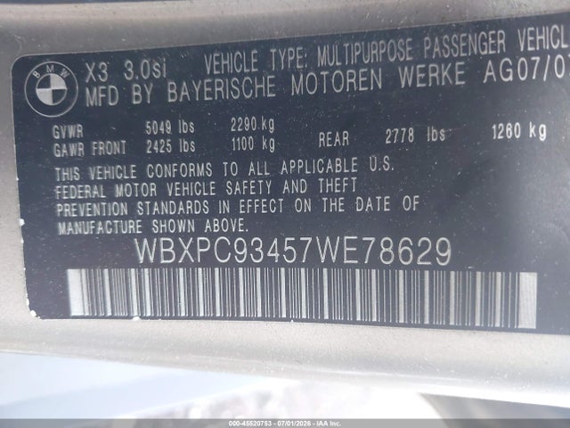 2007 Bmw X3 3.0si მანქანა იყიდება აუქციონზე, vin: WBXPC93457WE78629, აუქციონის ნომერი: 45520753