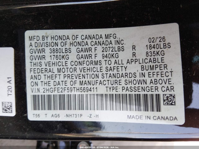 Honda Civic Sport 2026 2HGFE2F59TH569411 Image 9