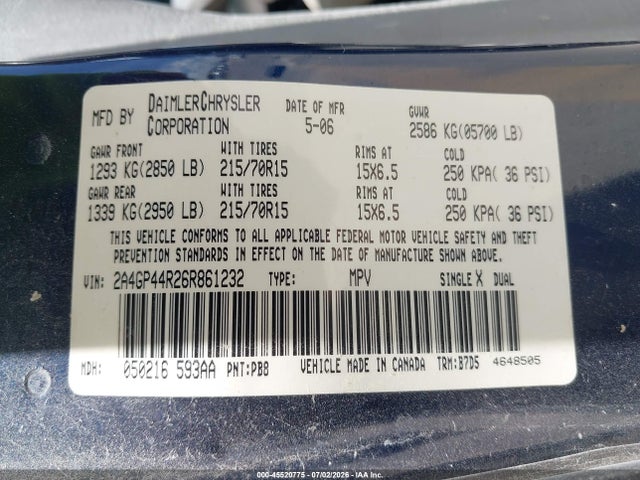 2006 Chrysler Town & Country Lx მანქანა იყიდება აუქციონზე, vin: 2A4GP44R26R861232, აუქციონის ნომერი: 45520775