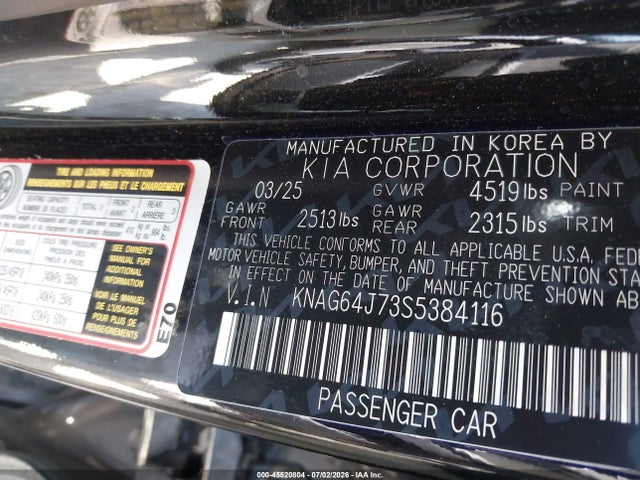 45520804 :رقم المزاد ، KNAG64J73S5384116 vin ، 2025 Kia K5 Gt-line مزاد بيع