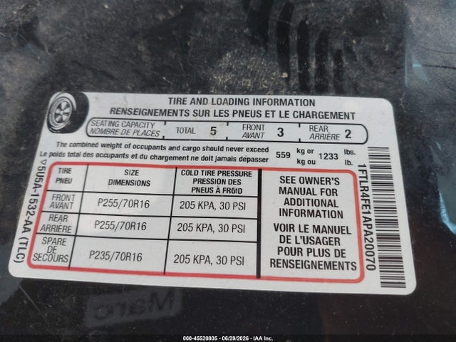 45520805 :رقم المزاد ، 1FTLR4FE1APA20070 vin ، 2010 Ford Ranger Sport/xlt مزاد بيع