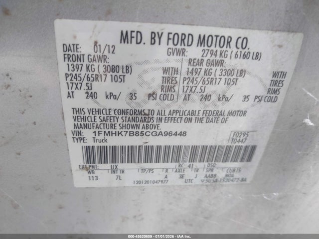 Aukcja sprzedaży 2012 Ford Explorer, vin: 1FMHK7B85CGA96448, numer aukcji: 45520809