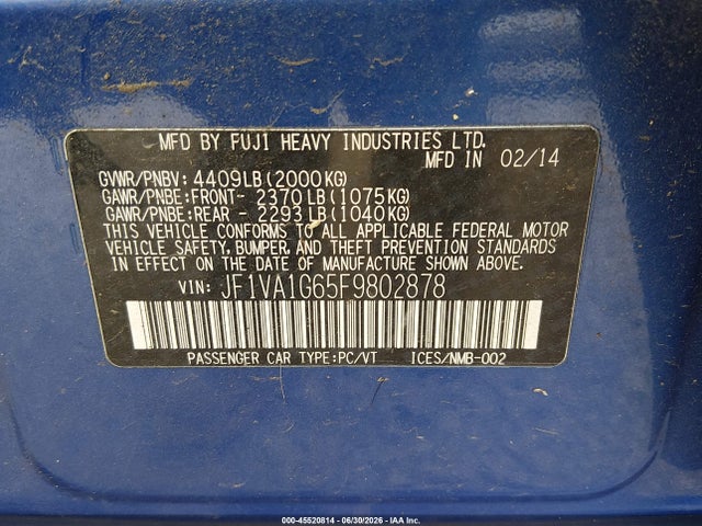 Subaru Wrx Limited 2015 JF1VA1G65F9802878 Image 9