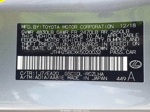 45520841 :رقم المزاد ، JTHHZ5BCXK5020032 vin ، 2019 Lexus Rc 350 مزاد بيع