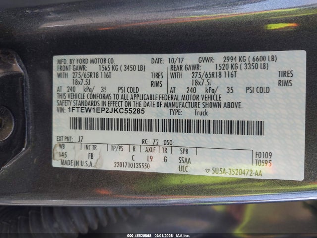 1FTEW1EP2JKC55285 Ford F-150 Lariat/xl/xlt