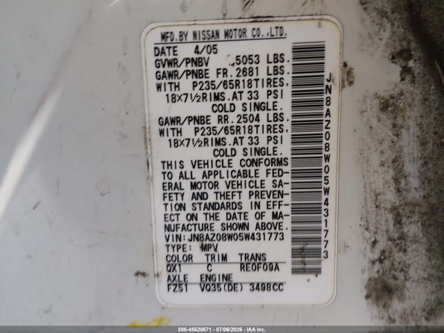 2005 Nissan Murano Sl მანქანა იყიდება აუქციონზე, vin: JN8AZ08W05W431773, აუქციონის ნომერი: 45520871