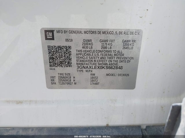 Продаж на аукціоні авто 2019 Chevrolet Equinox Lt, vin: 3GNAXLEX0KS662848, номер лоту: 45520875