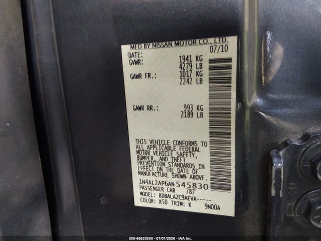 2010 Nissan Altima 2.5 მანქანა იყიდება აუქციონზე, vin: 1N4AL2AP6AN545830, აუქციონის ნომერი: 45520880