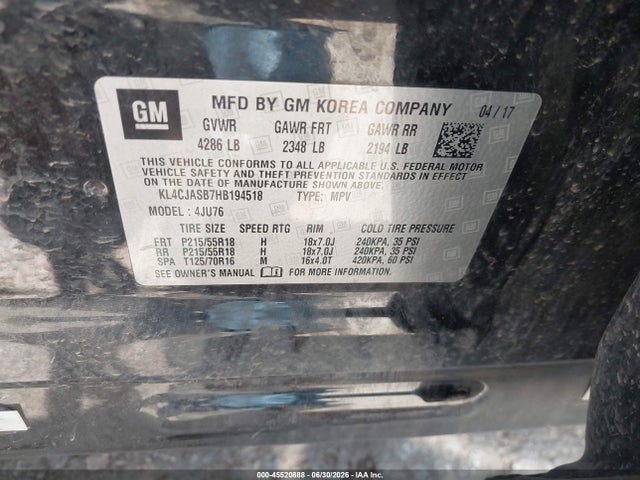 2017 Buick Encore Preferred მანქანა იყიდება აუქციონზე, vin: KL4CJASB7HB194518, აუქციონის ნომერი: 45520888