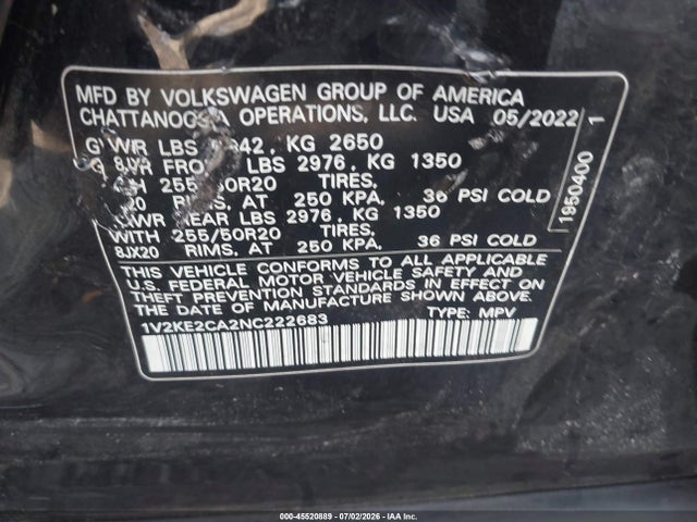 1V2KE2CA2NC222683 Volkswagen Atlas Cross Sport 3.6l V6 Se W/technology