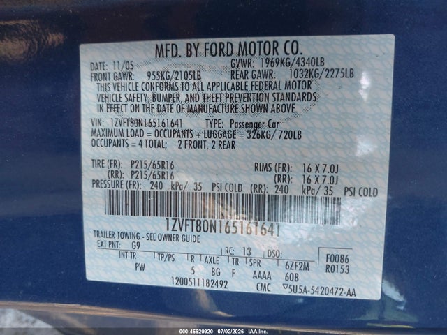 Aukcja sprzedaży 2006 Ford Mustang V6, vin: 1ZVFT80N165161641, numer aukcji: 45520920