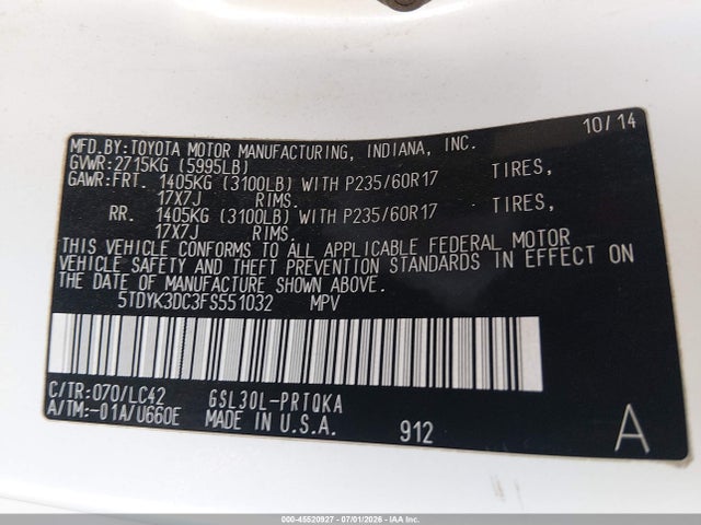 5TDYK3DC3FS551032 Toyota Sienna Xle Premium 8 Passenger