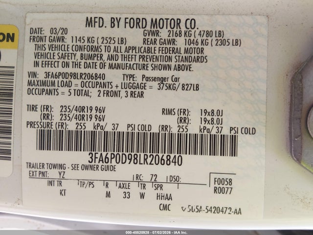 Aukcja sprzedaży 2020 Ford Fusion Titanium, vin: 3FA6P0D98LR206840, numer aukcji: 45520928