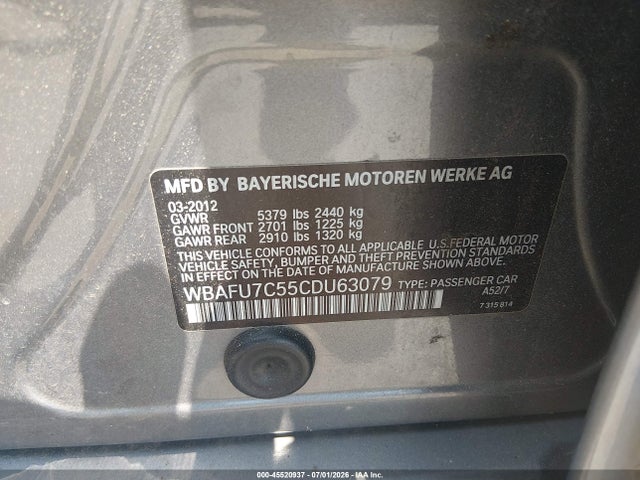 Aukcja sprzedaży 2012 Bmw 535i Xdrive, vin: WBAFU7C55CDU63079, numer aukcji: 45520937