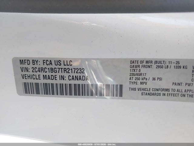 Продажа на аукционе авто 2026 Chrysler Pacifica Select, vin: 2C4RC1BG7TR217232, номер лота: 45520939