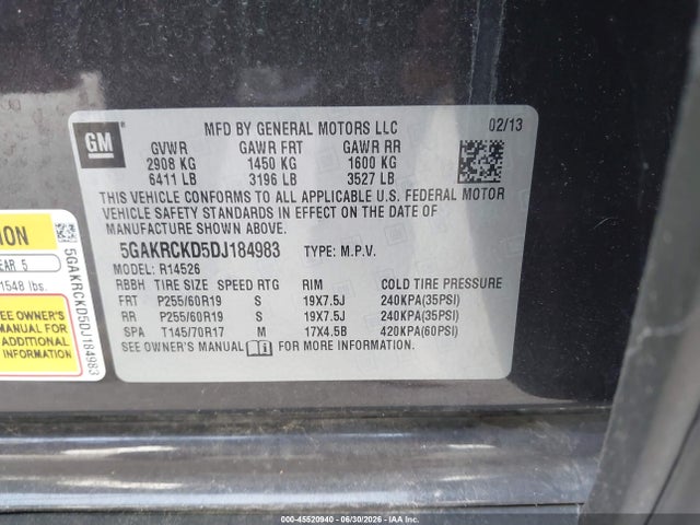 45520940 :رقم المزاد ، 5GAKRCKD5DJ184983 vin ، 2013 Buick Enclave Leather مزاد بيع