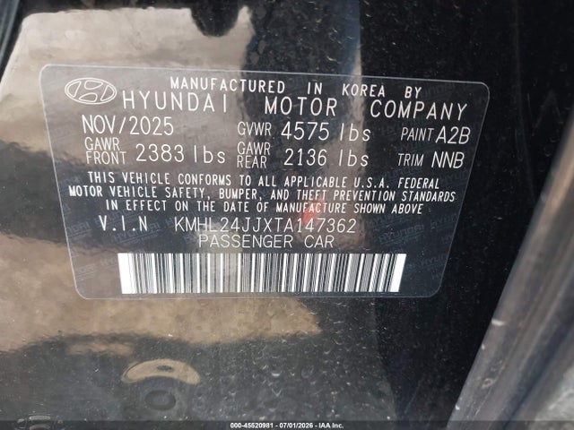 45520981 :رقم المزاد ، KMHL24JJXTA147362 vin ، 2026 Hyundai Sonata Hybrid Blue مزاد بيع