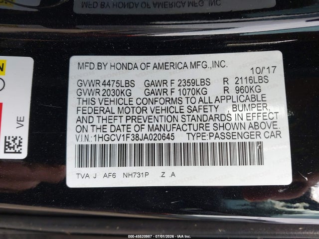 2018 Honda Accord Sport მანქანა იყიდება აუქციონზე, vin: 1HGCV1F38JA020645, აუქციონის ნომერი: 45520987
