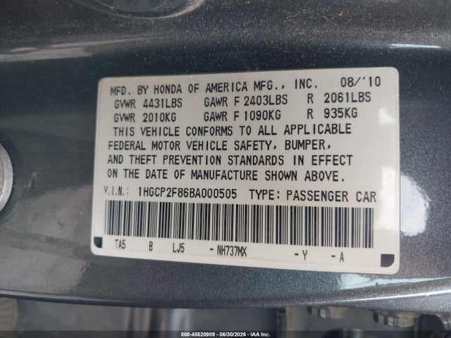 45520989 :رقم المزاد ، 1HGCP2F86BA000505 vin ، 2011 Honda Accord 2.4 Ex-l مزاد بيع