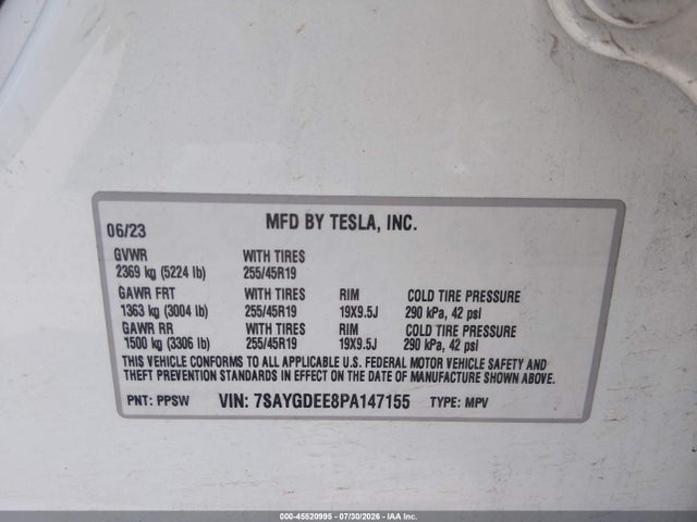 Продаж на аукціоні авто 2023 Tesla Model Y Awd/long Range Dual Motor All-wheel Drive, vin: 7SAYGDEE8PA147155, номер лоту: 45520995