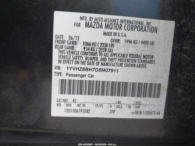 45520997 :رقم المزاد ، 1YVHZ8BH7D5M07911 vin ، 2013 Mazda Mazda6 I Sport مزاد بيع