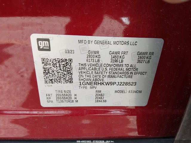 2023 Chevrolet Traverse Fwd Lt Leather მანქანა იყიდება აუქციონზე, vin: 1GNERHKW9PJ228523, აუქციონის ნომერი: 45521003