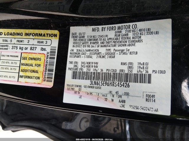 3LN6L5E96HR645426 Lincoln Mkz Reserve