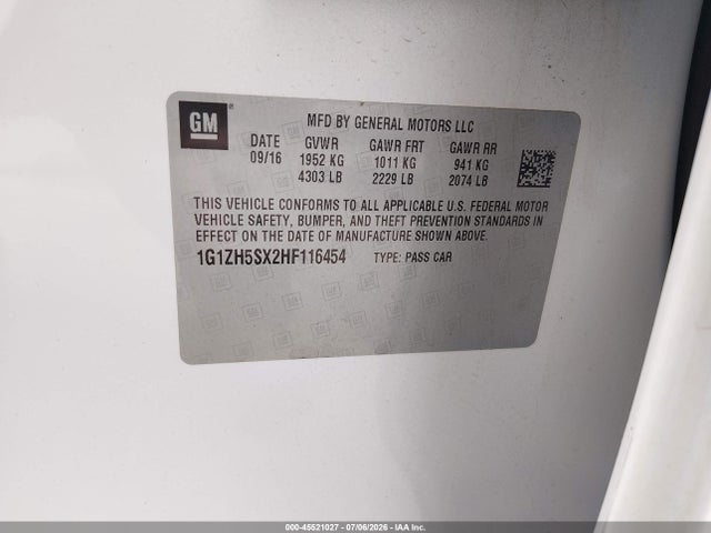 2017 Chevrolet Malibu Premier მანქანა იყიდება აუქციონზე, vin: 1G1ZH5SX2HF116454, აუქციონის ნომერი: 45521027