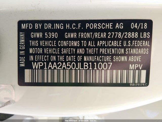 45521038 :رقم المزاد ، WP1AA2A50JLB11007 vin ، 2018 Porsche Macan مزاد بيع