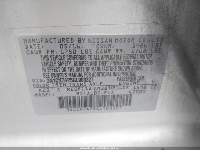 3N1CN7AP5GL903327 Nissan Versa 1.6 S/1.6 S+/1.6 Sl/1.6 Sv