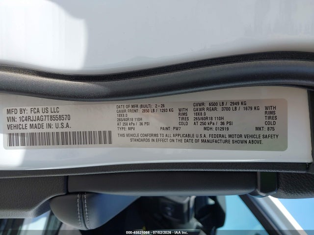 45521066 :رقم المزاد ، 1C4RJJAG7T8558570 vin ، 2026 Jeep Grand Cherokee L Laredo X 4x2 مزاد بيع