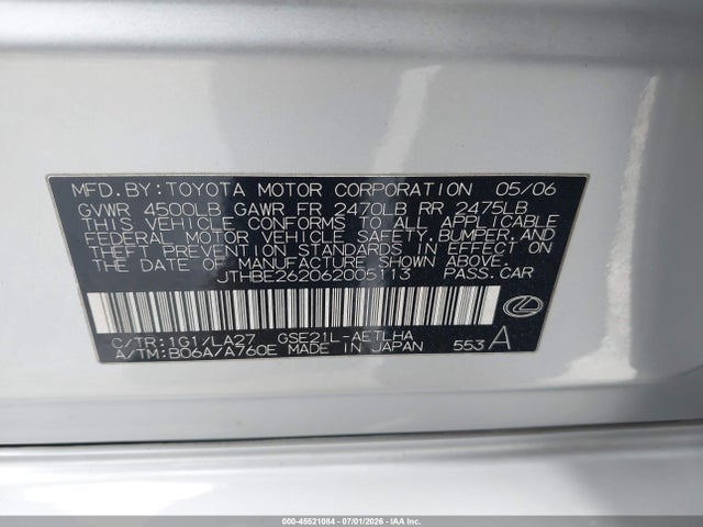 45521084 :رقم المزاد ، JTHBE262062005113 vin ، 2006 Lexus Is 350 مزاد بيع