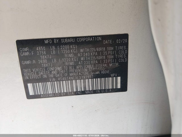 Aukcja sprzedaży 2020 Subaru Outback Limited, vin: 4S4BTANC3L3192957, numer aukcji: 45521116
