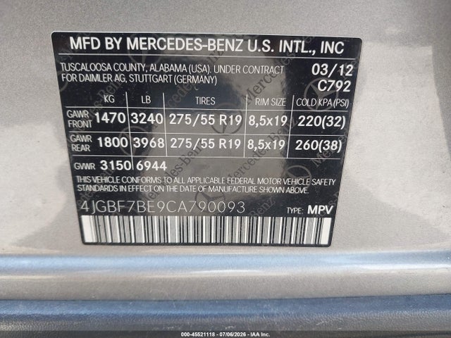Aukcja sprzedaży 2012 Mercedes-benz Gl 450 4matic, vin: 4JGBF7BE9CA790093, numer aukcji: 45521118