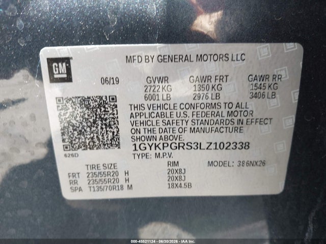 45521124 :رقم المزاد ، 1GYKPGRS3LZ102338 vin ، 2020 Cadillac Xt6 Awd Sport مزاد بيع