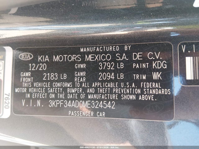 Продаж на аукціоні авто 2021 Kia Forte Gt-line, vin: 3KPF34AD0ME324542, номер лоту: 45521130