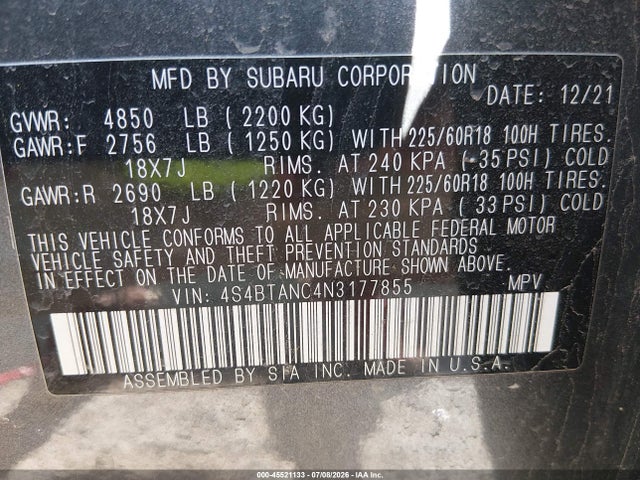 Subaru Outback Limited 2022 4S4BTANC4N3177855 Image 9