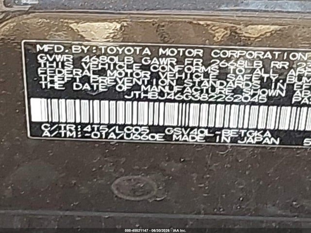 45521147 :رقم المزاد ، JTHBJ46G382262045 vin ، 2008 Lexus Es 350 مزاد بيع