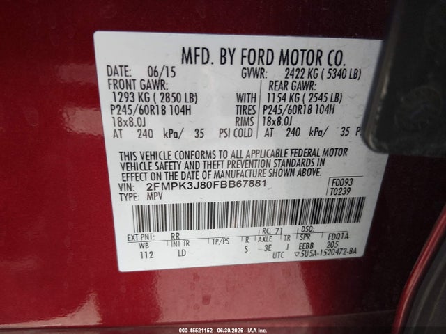 Ford EDGE SEL 2015 2FMPK3J80FBB67881 Image 9
