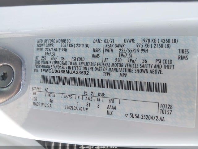 Aukcja sprzedaży 2021 Ford Escape Se, vin: 1FMCU0G68MUA23502, numer aukcji: 45521163