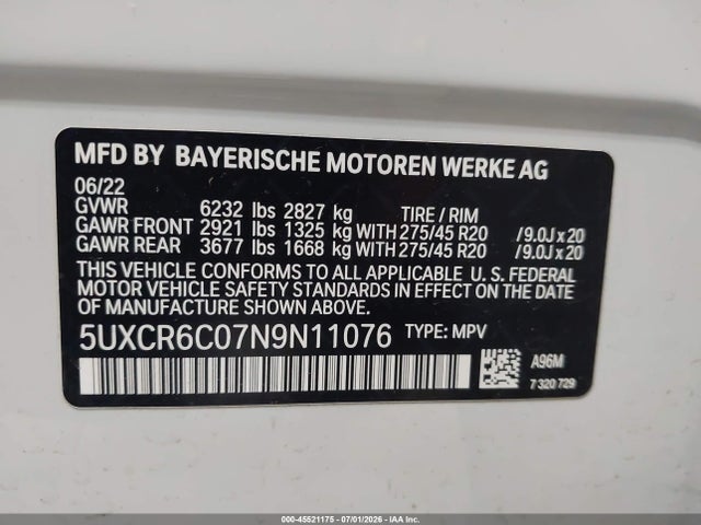 Aukcja sprzedaży 2022 Bmw X5 Xdrive40i, vin: 5UXCR6C07N9N11076, numer aukcji: 45521175